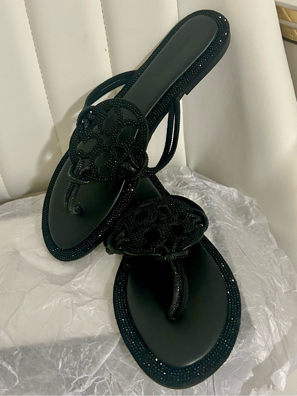 Tory Burch Black Crystal Logo Thong Sandals